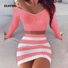 Women Dress Sets Fashion Slash Neck Striped Knitted Ladies Dresses 2020 Spring Summer Long Sleeve Slim Fit Bodycon Party Dress X0521