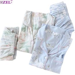 Spring Ladies Pajamas Set Floral Printed Soft Sleepwear Cotton Simple Style Women Long Sleeve+Pants 2Piece Homewear 210809