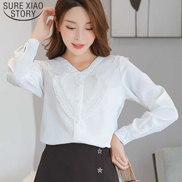 Autumn Loose Slim V-neck Women Blouses Long Sleeve Chiffon Women Shirts Solid Sweet Casual Fashion Lace Ladies Tops 6988 50 210527