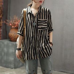 F&je New Arrival Women Shirts Plus Size Summer Vintage Striped Linen Blouse Turn-down Collar Female Loose Casual Ladies Tops D2 210225
