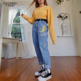 Straight Women's Cute Jeans Baggy Vintage High Waist Moon Star Pattern Young Girls Denim Pants Streetwear Female Long 210809