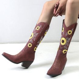 Big Size 43 Vintage Retro Great Quality Embroidered Flowers Chunky Heels Slip On Western Calf Boots Woman Shoes