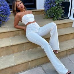 Women's Two Piece Pants High Waist Women Sexy Outfit Elegant Casual Legging 2 Set Strapless Corset Crop Top And Flare Sets Solid