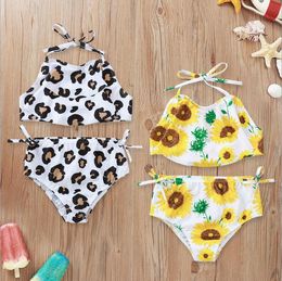 Toddler Girl Swimsuit Sunflower Girls Tops Short Pants 2pcs Set Leopard Suspender Children Swimwear Summer Baby Swim Clothes 2 Designs D5393