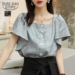 Summer Korean All-match Top Female Solid Square Collar Blouse with Buttons Clavicle Short Sleeve Women's Shirts Women 10082 210527