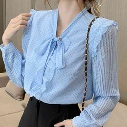 Autumn Blue Dot Chiffon Blouse Shirt Blouse Women Blusas Mujer De Moda Long Sleeve Bow V-Neck Tops Women Blouses Blusa D598 210602