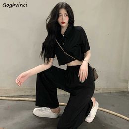 Women Sets Streetwear Cool Single Breasted Loose Short Sleeve Tops Full-length Wide-leg High Waist Elastic Trousers Trendy Chic Y0625