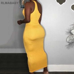 RLMABABY Sexy Night Club Party Ribbed Dress Women Hollow Out Backless Sleeveless Long Maxi Dress Casual Knitted Bodycon Dress Y0603