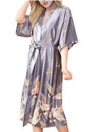 Gray satin Long Bathrobe Women Wedding Bride Bridesmaid Robe Nightgown Sleepwear Print Crane Kimono Size S M L XL XXL XXXL