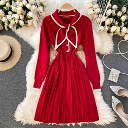 Women Spring Autumn Bow Collar Slim Waist A-line Pleated Short Party Dress Chic Long Sleeve Knitted Vestidos 210603