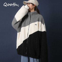 Qooth Ins Trendy Women's Winter Jacket Warm Zip Up Fur Coat Woolen Pocket Loose Style Oversized Patchwork Thick Coats S-XL QT303 210609