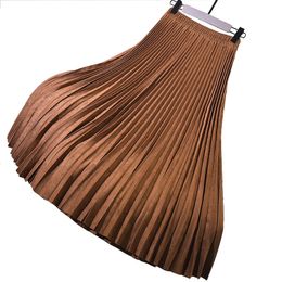 Autumn Winter Women suede skirt High Waist casual Vintage Pleated skirts women Korean Skirt female elegant long Skirts 210309