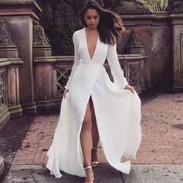 Deep V Evening Dresses 2021long Sleeves Appliques Beaded Tulle Split Light white high split Party Gowns Lavender Prom Dresses
