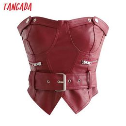 Tangada women red faux leather tank top with belt zipper sleeveless backless female sexy tops 1D230 210609