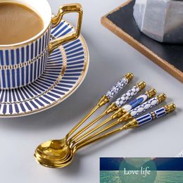 Chic Coffee Stirring Spoon Ceramic Long Handle Brilliant Ice Cream Teaspoon Gold-Plated Dessert Spoon Stainless Steel Tableware