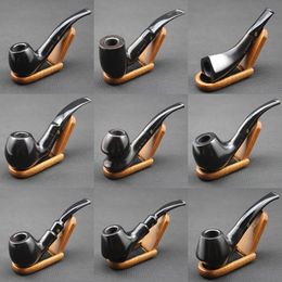 Classic Handmade Natural Ebony Wood Wooden Tobacco Smoking Pipe Set Black Wooden Pipe + Pouch + Holder + 10pcs 9mm Pipe Filters C0310