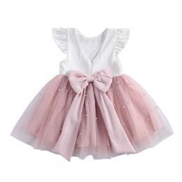 1-8Y Baby Girls Lace Pearl Dresses Christening Gowns Newborn Toddler Kids Girls Princess Birthday Baptism Tulle Dress Clothes 210303