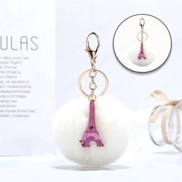 Fluffy Pompom Faux Rabbit Fur Ball Keychain for Women Fashion Tower Guitar Pendant Keyring Female Car Key Bag Pendant Jewellery