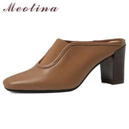 Meotina High Heels Women Pumps Natural Genuine Leather Thick High Heel Mules Shoes Sheepskin Square Toe Shoes Female Size 33-40 210608