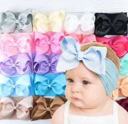 Baby solid bow headband hight elasticity nylon hair accessories soft comfort infant girls turban 5 inch bowknot head wraps