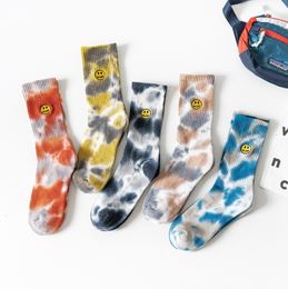 Socks Streetwear Embroidery Smile Face Tie Dye Hip Hop Men Women Harajuku Fashion Casual Casual Cotton Sock