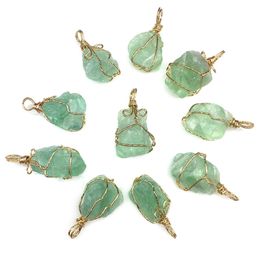 Wire Wrap Irregular Green Fluorite Chakra stone Charms Pendant Reiki Healing Crystal Charm Fashion DIY Necklace Jewelry Making Wholesale