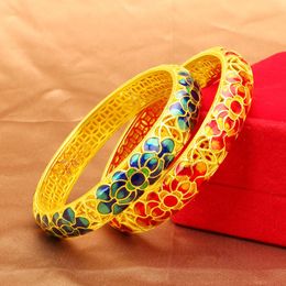 Ancient Enamel Beautiful Bangle Women Bracelet Jewelry 18k Yellow Gold Filled Classic Dubai Wedding Bridal Accessories Gift