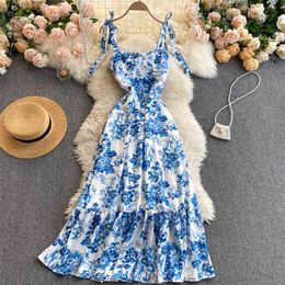 Women Fashion Ins Holiday Sexy Slimming Thin Flower Print A-line Dress Vintage Sleeveless Harajuku Vestidos R561 210527