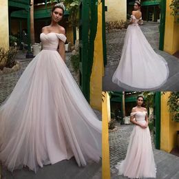 Simples Off The Shoulder A Line Tulle Wedding Dress Sweep Train Bridal Gowns Sweetheart Long Boho Beach Bride Wedding Dresses 2022