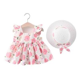 New Toddler Baby Kids Girl Dresses Princess Clothes Cute 2pcs Set Party Cotton Flower Girl Dresses Bow Hat Sleeveless Sweet 0-3Y Q0716