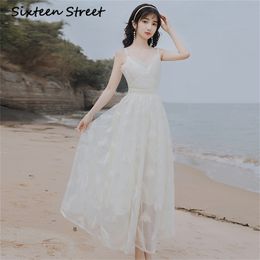 Feather Embroidery Long Women Dress V-neck Sleeveless Femele Mesh Mid-Calf Vintage Evening Party Summer 210603