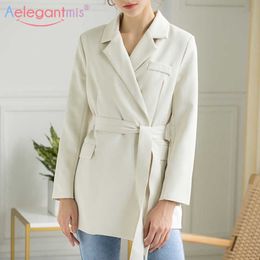 Aelegantmis Casual Sashes Office Lady Blazer Coat Women Spring Black with Belt Female Beige White Lace Up Jacket 210607