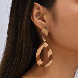 Ethnic Style Trendy Female Stripe Wood Drop Earrings For Women Simple Hollow Water Drop Shape Dangle Earring Boho Jewellery Gifts