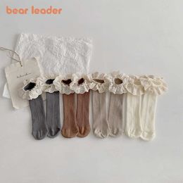 Bear Leader 4Pcs Fashion Baby Girls Casual Socks Korean Style Lace Patchwork Socks Kids Knee Length Soft Cotton Leg Warmers 210708