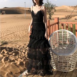 summer beach holiday bohemian maxi dress women spaghetti strap ruffle design lace black dresses fairy cake vestido VKDR2375