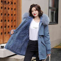Flower Jie Plus Size Down Cotton Jacket Women Winter Casual Warm Black Pink Long Parka Slim Hooded Fur Ladies Padded Coat 211130