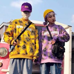 Harajuku hip-hop sweatshirt men's Korean loose trend winter student pullover hoodies jacket male pineapple letter printing top 210526