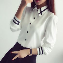 Fashion female elegant bow tie white blouses Chiffon turn down collar shirt Ladies tops school blouse Women