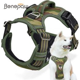 Benepaw Tactical No Pull Harness For Large Medium Dogs Durable Heavy Duty Camouflage Reflective Pet Harness Vest Control Handle 210712