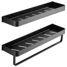 Bathroom Black Shelf with Towel Bar Space Aluminium Corner Shelves Towel Rack with Hook Shampoo Holder Kitchen Storage Rack 210724