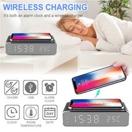 Electric Alarm Clock With Phone Wireless Charger Desktop HD Mirror Clock Digital Date Thermometer Time Led Display Table Clock 210310