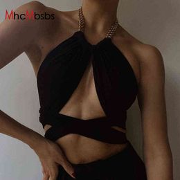 Women's Sexy Black Camisole Top Metal Chain Halter Bandage Strap Camis Tops Female Summer Slim Cropped Top Party Clubwear Tanks Y220304