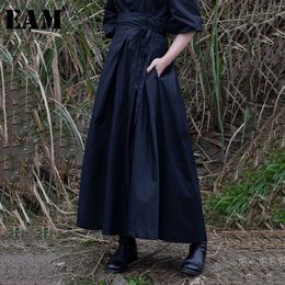 [EAM] 2021 New Spring Summer High Waist Banadahe Black Pleated Split Joint Big Hemline Half-body Skirt Women Fashion Tide JR478 210309