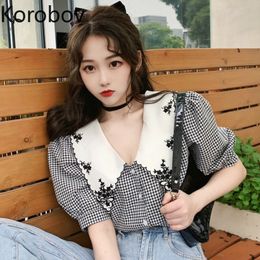 Korobov Summer New Sweet Plaid Blouses Vintage Peter Pan Collar Flower Embroidery Shirts Puff Short Sleeve Korean Blusas Mujer 210225