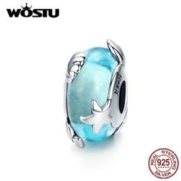 WOSTU Starfish & Shell Blue Beads 925 Sterling Silve Murano Glass Charm Fit Women Original Bracelet Pendant DIY Jewellery CQC1257 Q0531