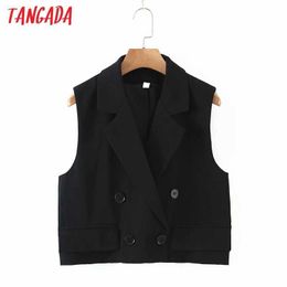 Tangada Women Black Double Breasted Crop Vest Jacket Ladies Wear Casual Suit Waistcoat Pockets Outwear Tops QD03 210609