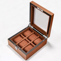 -Relógio caixas casos 6 slots caixa de madeira porta armazenamento organizador de armazenamento luxo retro madeira maciça de madeira transparente epitopes flanela