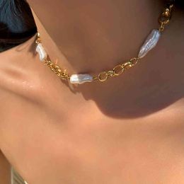 Peri'sBox Gold Chunky Chain Baroque Necklace Real Freshwater Pearl Necklaces for Women Brass Chains Jewellery 2020