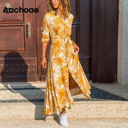 Aachoae Women Print Long Dress 2020 Spring Long Sleeve Buttons Split Dress Casual Turn-down Neck Ladies Sashes Shirt Dresses X0521