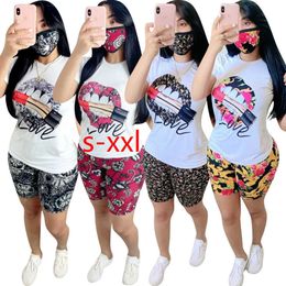 Womens Casual Tracksuits Fashion Summer Women Sports Pants 2 Pieces Set Lip Printed Short Sleeve Outfits Plus Size S-XXL